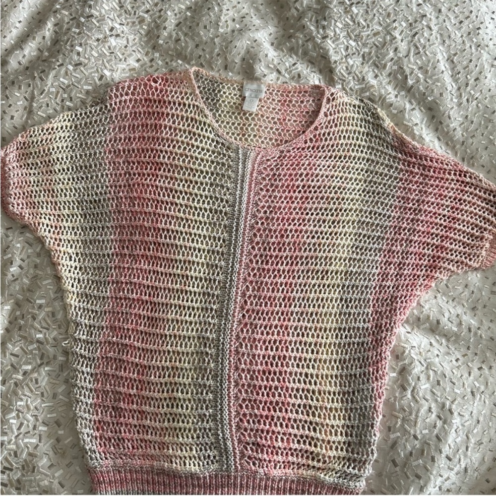 Chico’s Open Crochet Aqua Blue Pullover Sweater Sz 0/ Small oversized